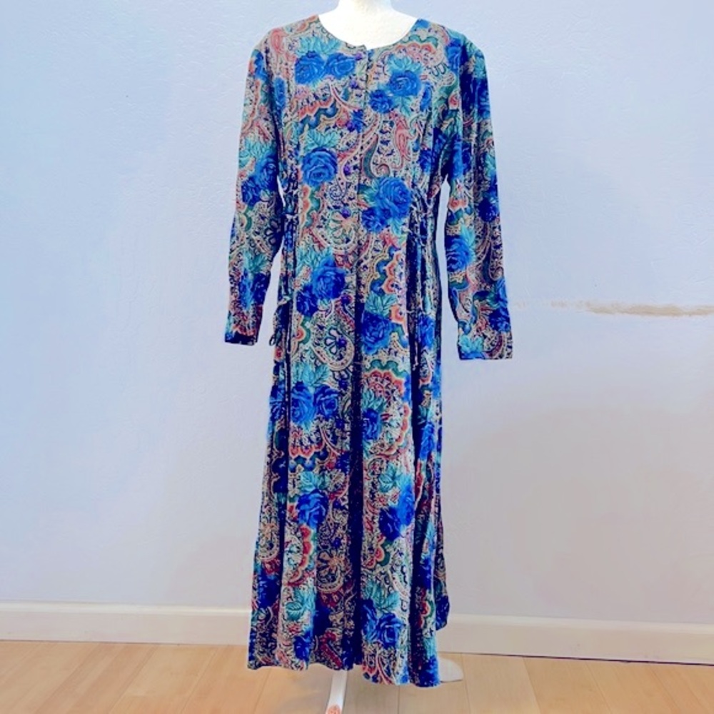 Betsy’s Things Vintage Multicolor Blue Rose Printed Maxi Dress